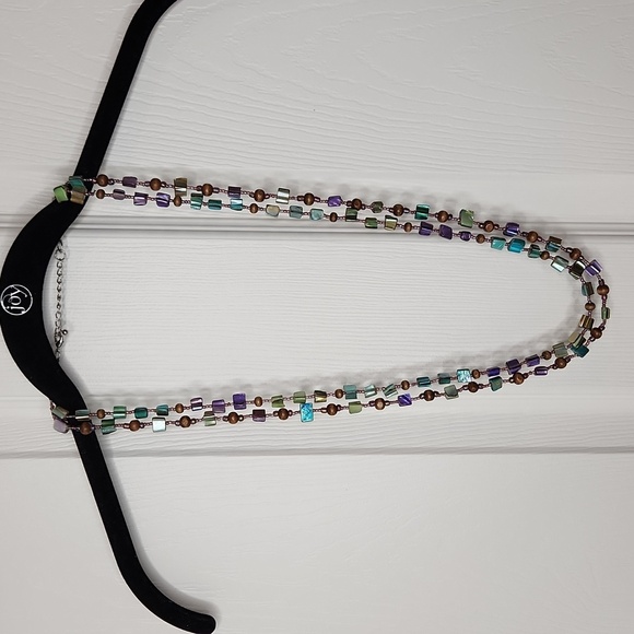 Necklace multi-colored iridescent shell bead multi strand purple turquoise green - Picture 2 of 5